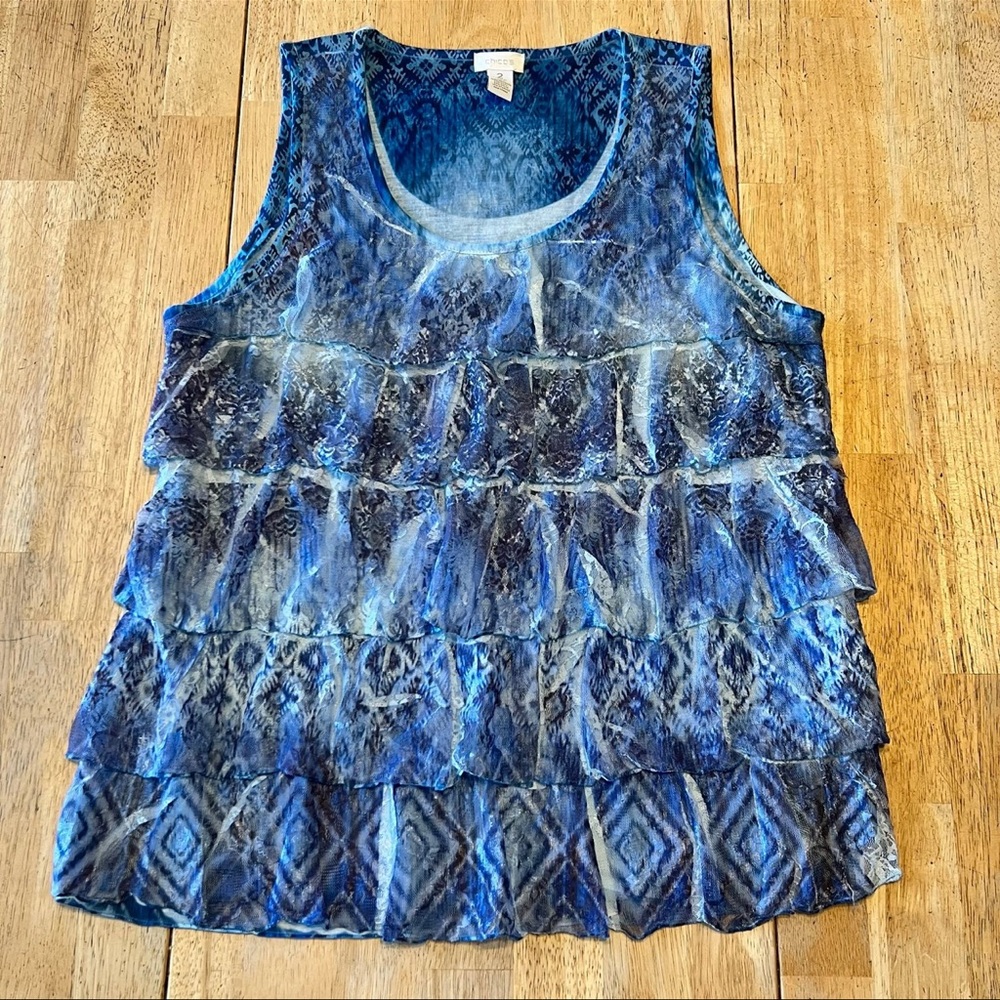 Chico's Majestic Blue Reliving Ikat Lace Ruffle Tank Top ~ Size 2